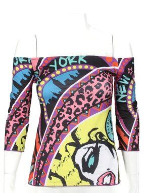 Patricia Field NY Graphic Top Y2K Off Shoulder Stretch Punk Hip Hop sz S /774